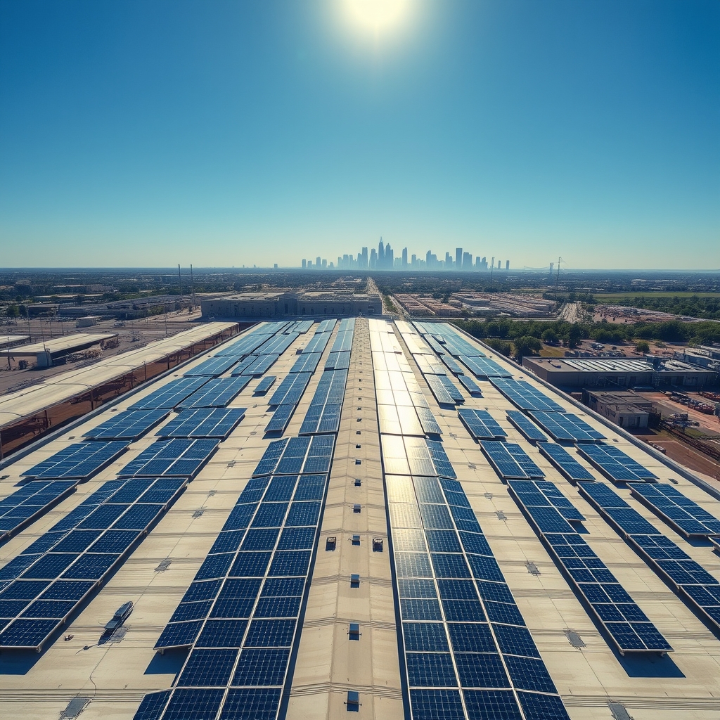 Aerial view of solar panels covering a commercial warehouse rooftop in Houston, Texas