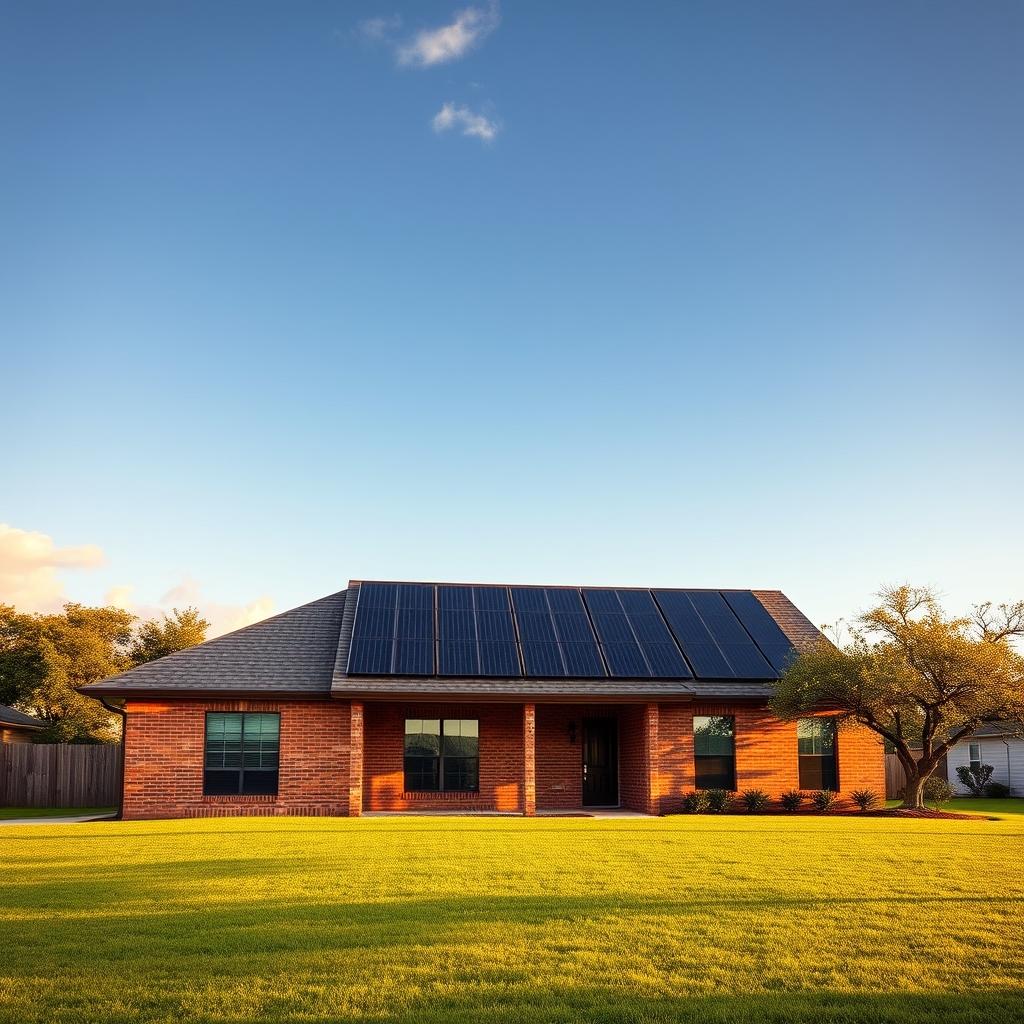 Solar panels installed on the roof of a Houston, Texas home on a sunny day