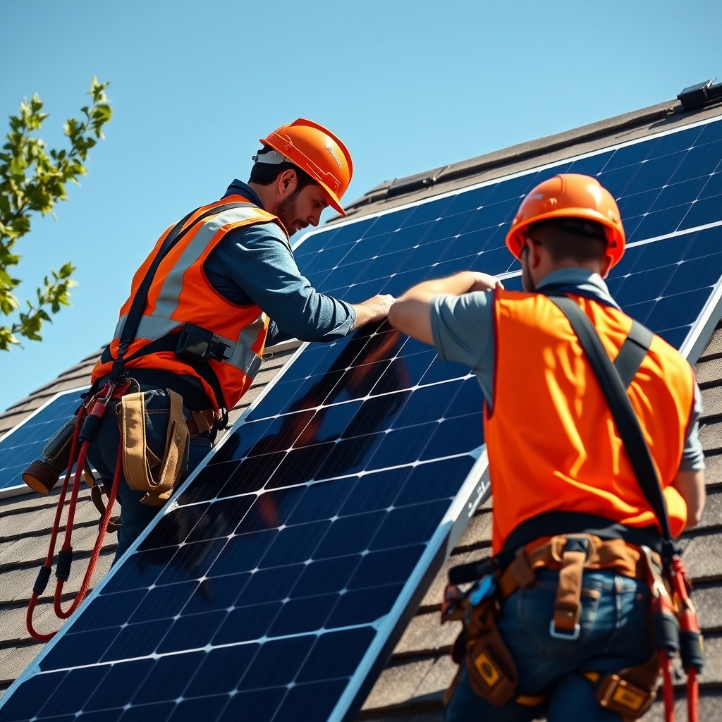 Houston solar installers mounting black solar panels on a suburban home roof
