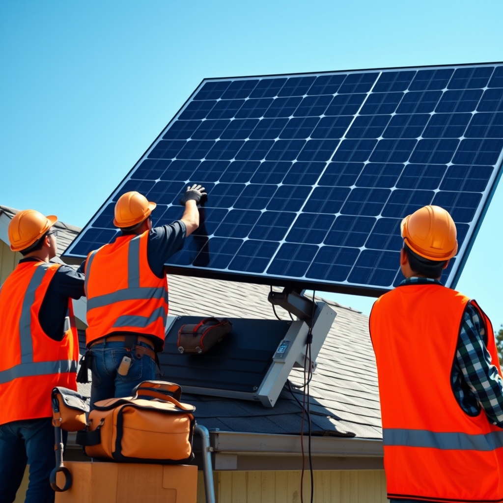 Solar installation crew mounting panels on a Houston, Texas home