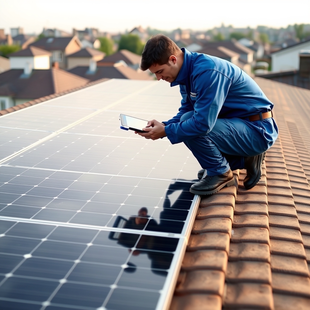 Solar technician inspecting and cleaning rooftop solar panels in Houston