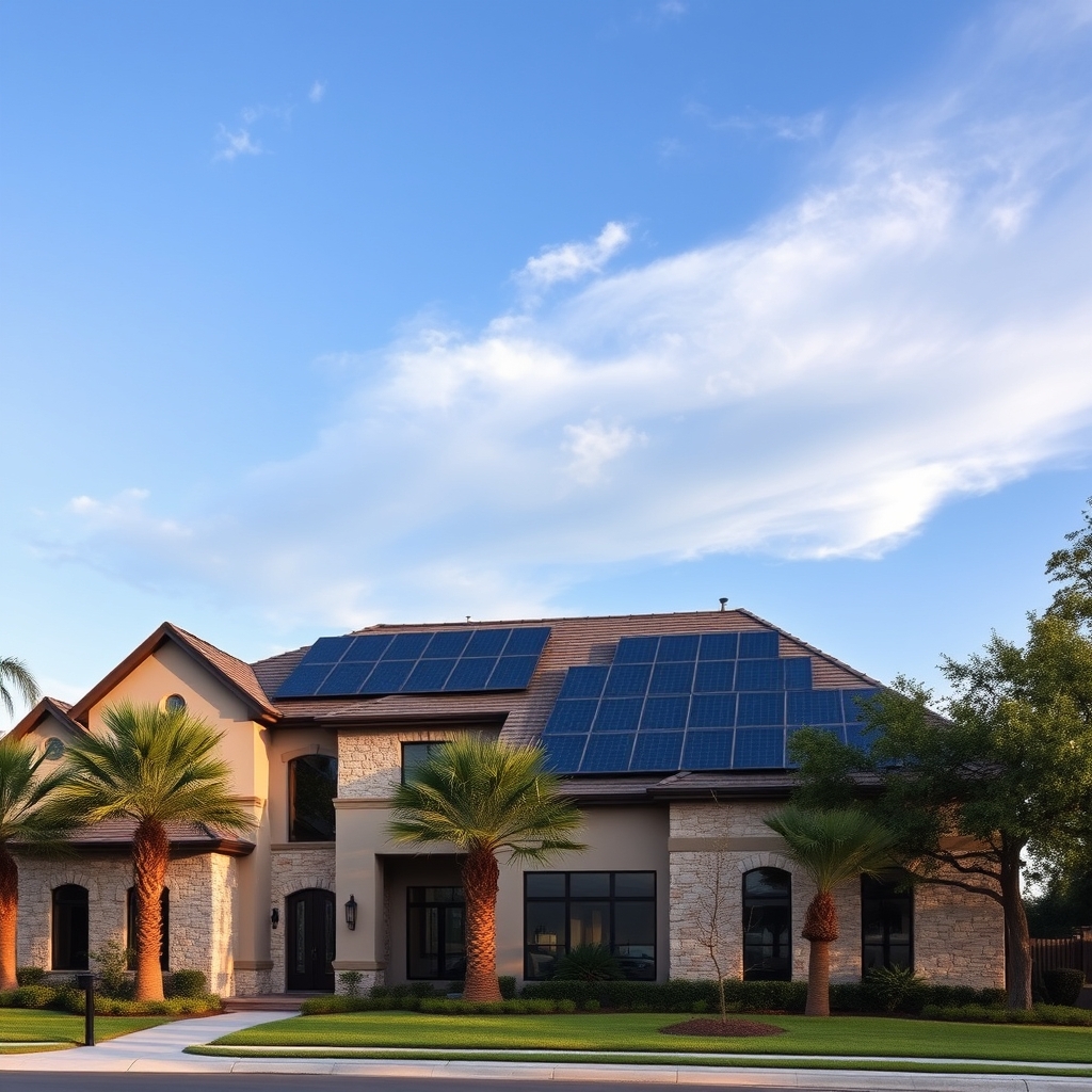 Solar array installed on a luxury stucco home in Sugar Land, Texas