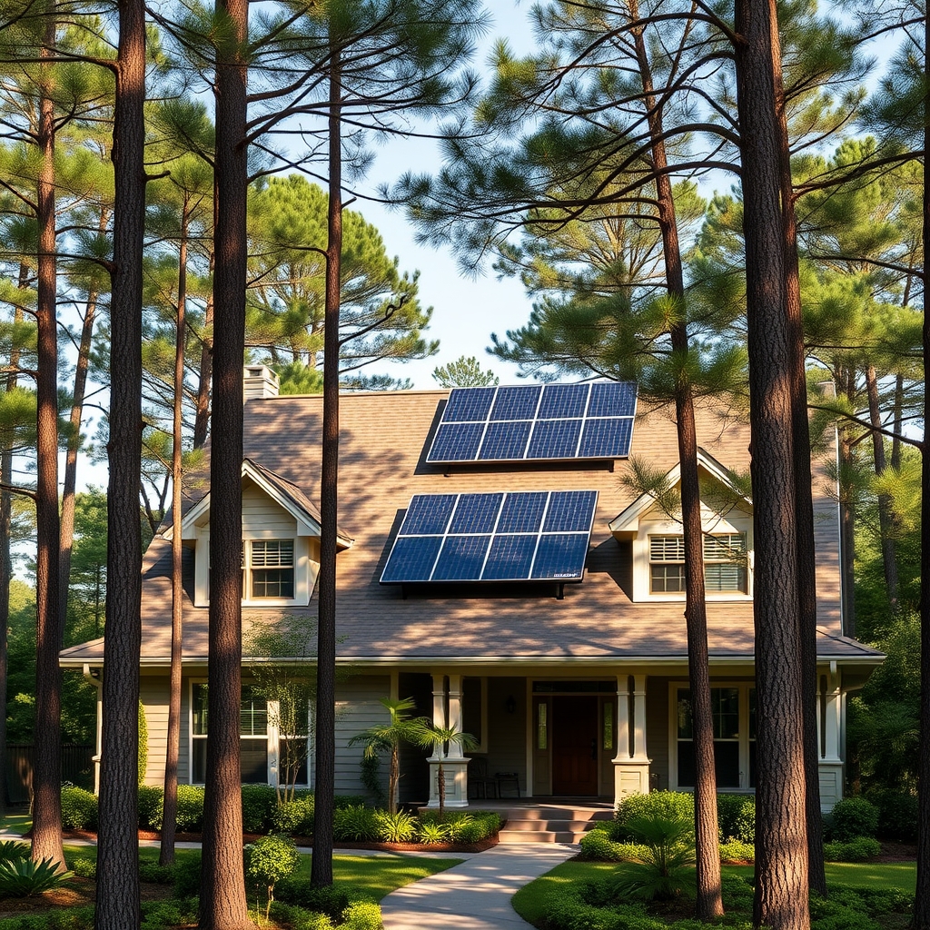 Solar panels on a craftsman home surrounded by pines in The Woodlands, Texas