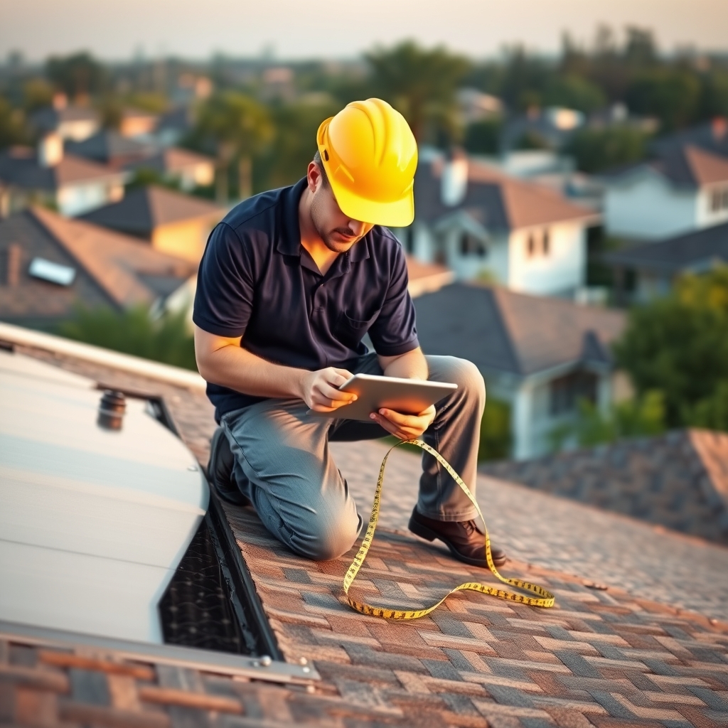 NABCEP-certified technician inspecting a Houston home roof with a tablet during a solar assessment