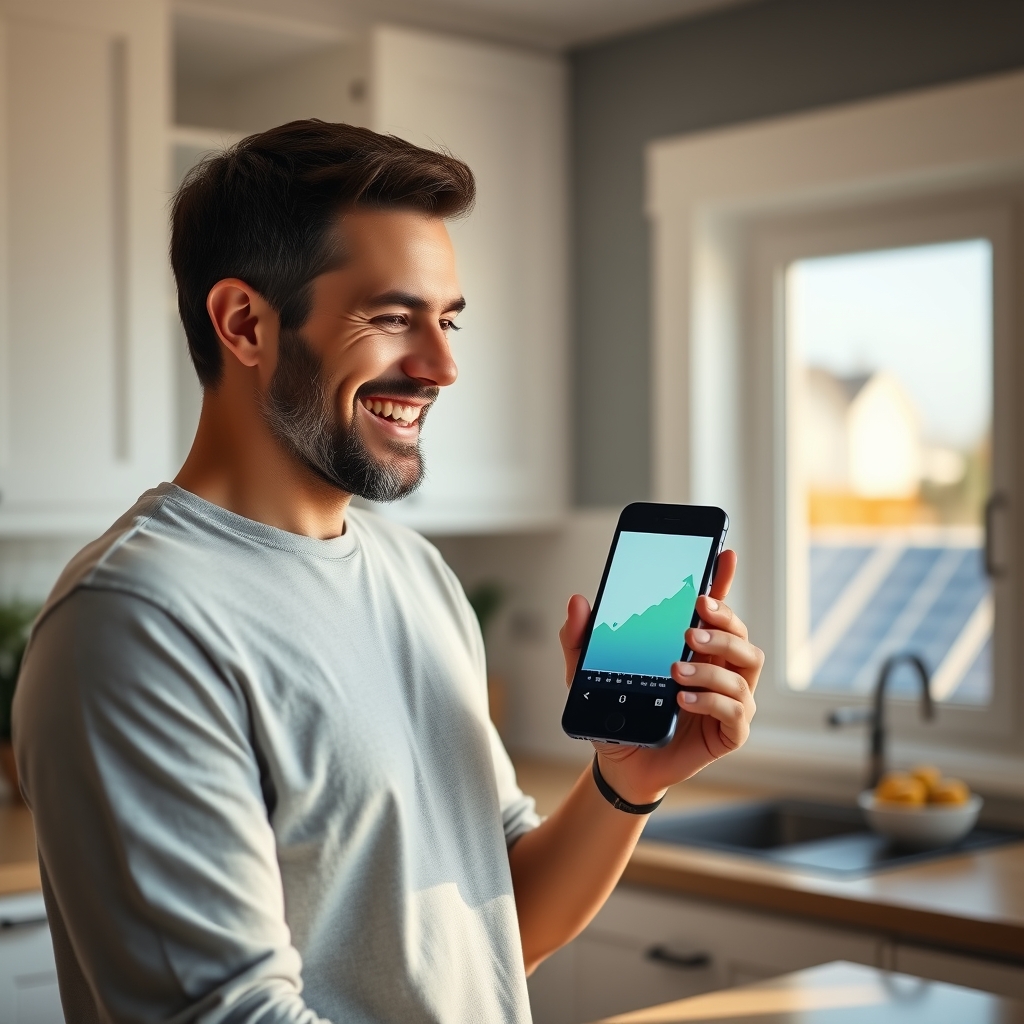 Houston homeowner checking solar production on a monitoring app after system activation